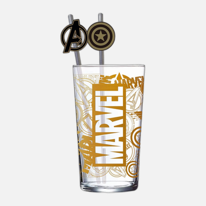 Marvel Glass Tumbler with Straws Logo & Avengers 485 ml
